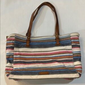 Fossil Striped Tote Blue Red Beige White